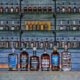 bourbon whiskey bottles on a bar
